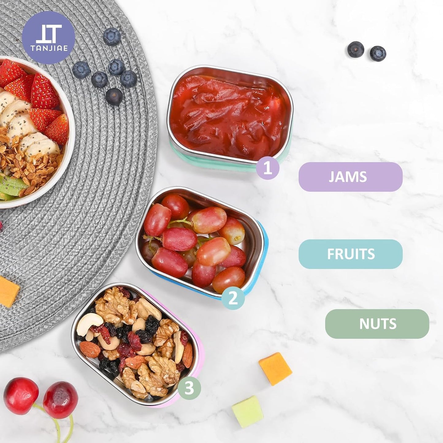 Tanjiae Small (1 CUP) Stainless Steel Snack Containers for Kids | Easy Open Leak Proof Food Containers with Silicone Lids - Perfect Metal Toddler Lunch Box for Daycare and School (8oz)