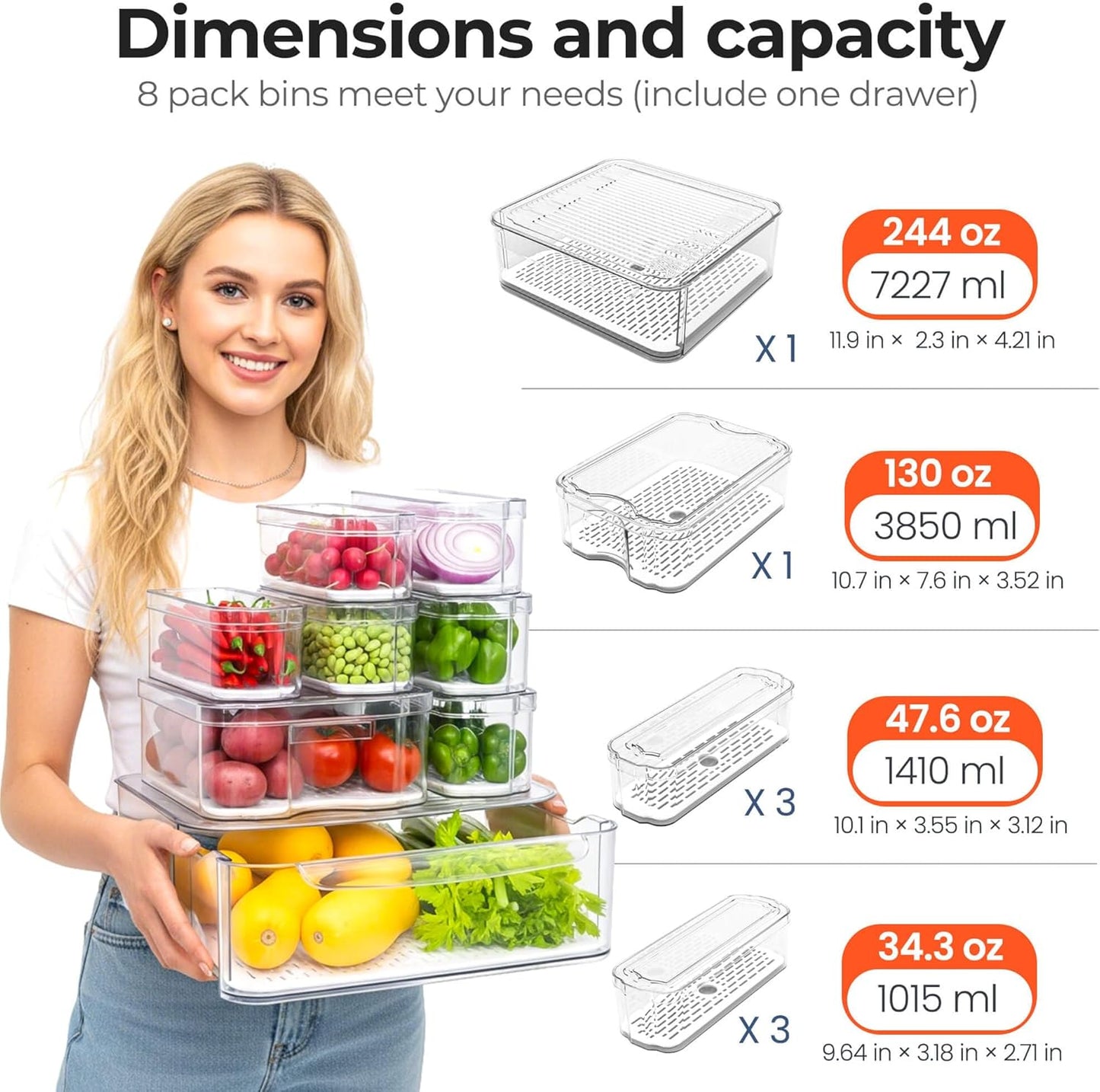 SMRCAD Refrigerator Organizers and Storage, 6 Pack with 1 Pull-Out Drawer and 5 Lidded Bins, Fruit Storage Containers for Fridge with Drain Trays, Helps Keep Produce Fresh