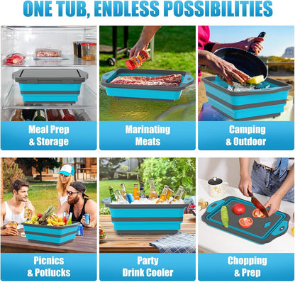 HI NINGER BBQ Prep Tub with Lid, Collapsible Camping Sink with Colander, Cutting Board & Knife Set for Grilling, Smoking & Outdoor Cooking, Collapsible Wash Basin for RV Camping Essentials