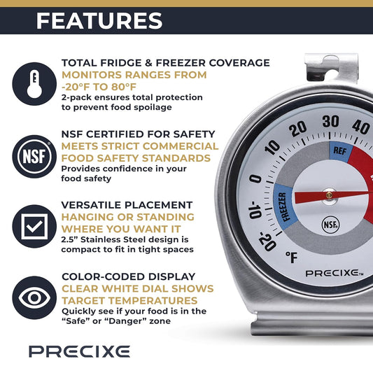 2.5 Inch Stainless Steel Fridge and Freezer Thermometer 2-Pack | NSF Certified | Hanging or Standing for Food Safety