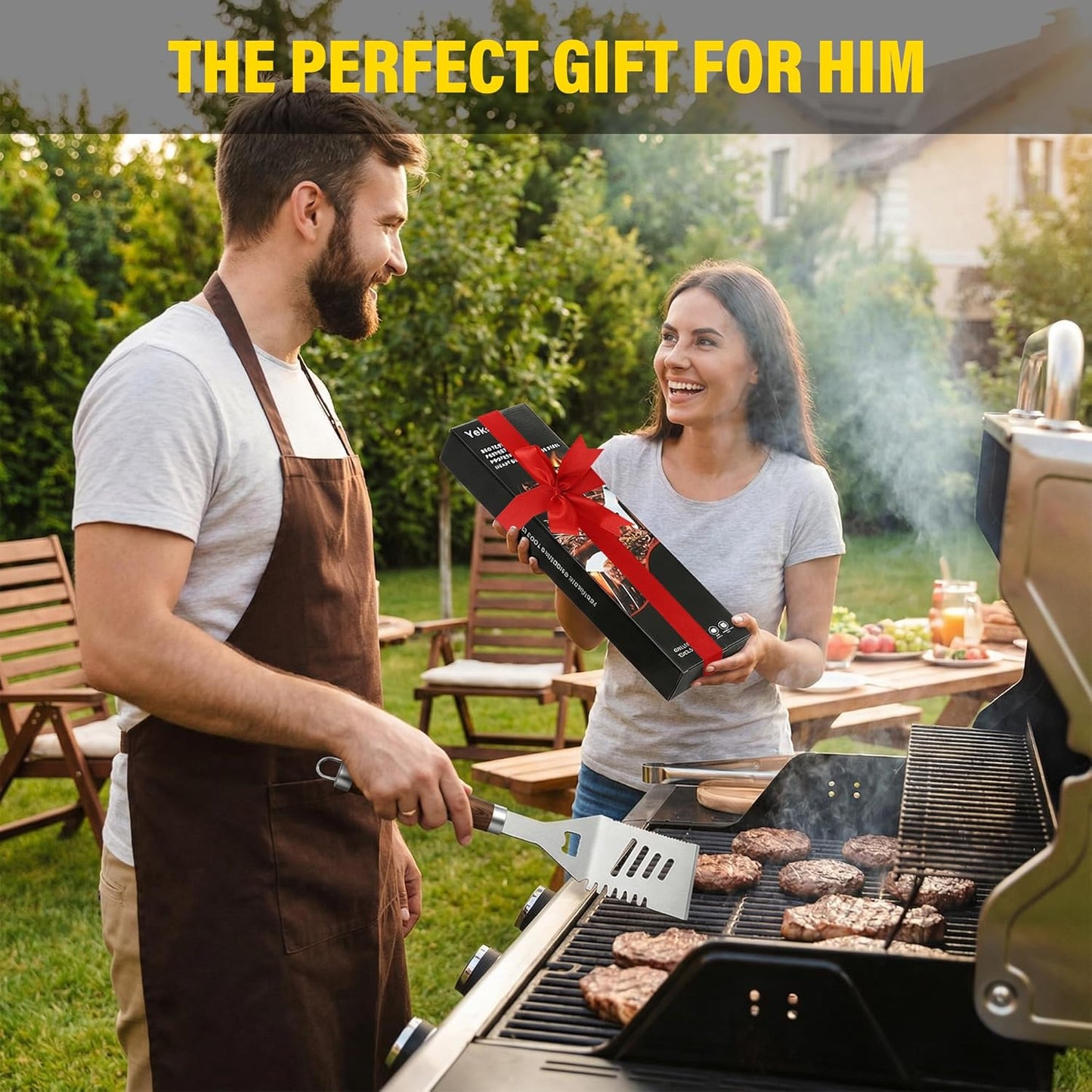Yekale BBQ Grill Accessories Set, Grill Tools Grilling Accessories Grilling Gifts for Men - Spatula, Fork, Brush, Tongs & Cleaning Brush - Outdoor Barbecue Utensils Gifts for Men Dad Him (Sliver)