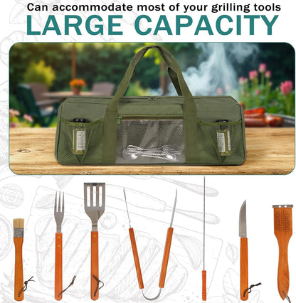 Grill Tool Storage Bag, Large Grill Utensil Storage Caddy with Pockets, BBQ Tools Storage Bag for Outdoor Camping(Brown)