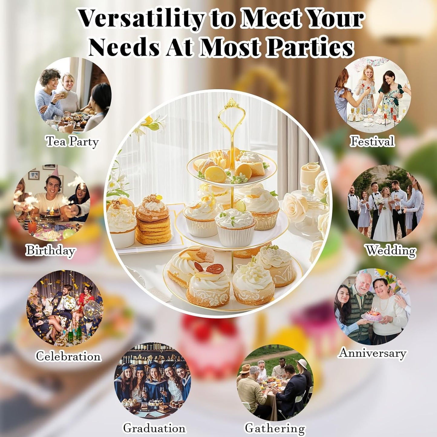 Supernal 10 Pack Dessert Table Display Set -4 Sets 3 Tier Cupcake Stand,6 Pcs Food Serving Trays,Elegant Tableware for Cupcakes and Snacks,Perfect for Tea Party Baby Shower Decorations(White and Gold)