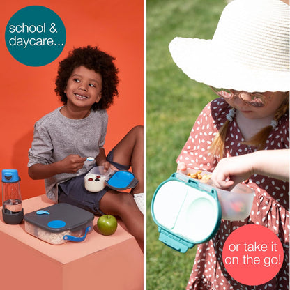 b.box Snack Box 2-Pack - Leak Proof Mini Bento Box for Kids & Toddlers, 2 Compartment Snack Containers for Kids, Dishwasher Safe, BPA-Free, PFAS-Free, Ages 4mo+, 1 3/4 Cup Each (Strawberry + Lilac)