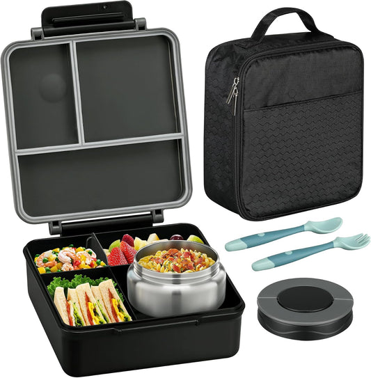 Itslife Bento Lunch Box for Kids with 8oz Soup Thermo&Lunch Bag, Leak-Proof Lunch Food Containers with 4 Compartment, Hot Food Insulated Food Jar for Kids School (Green)