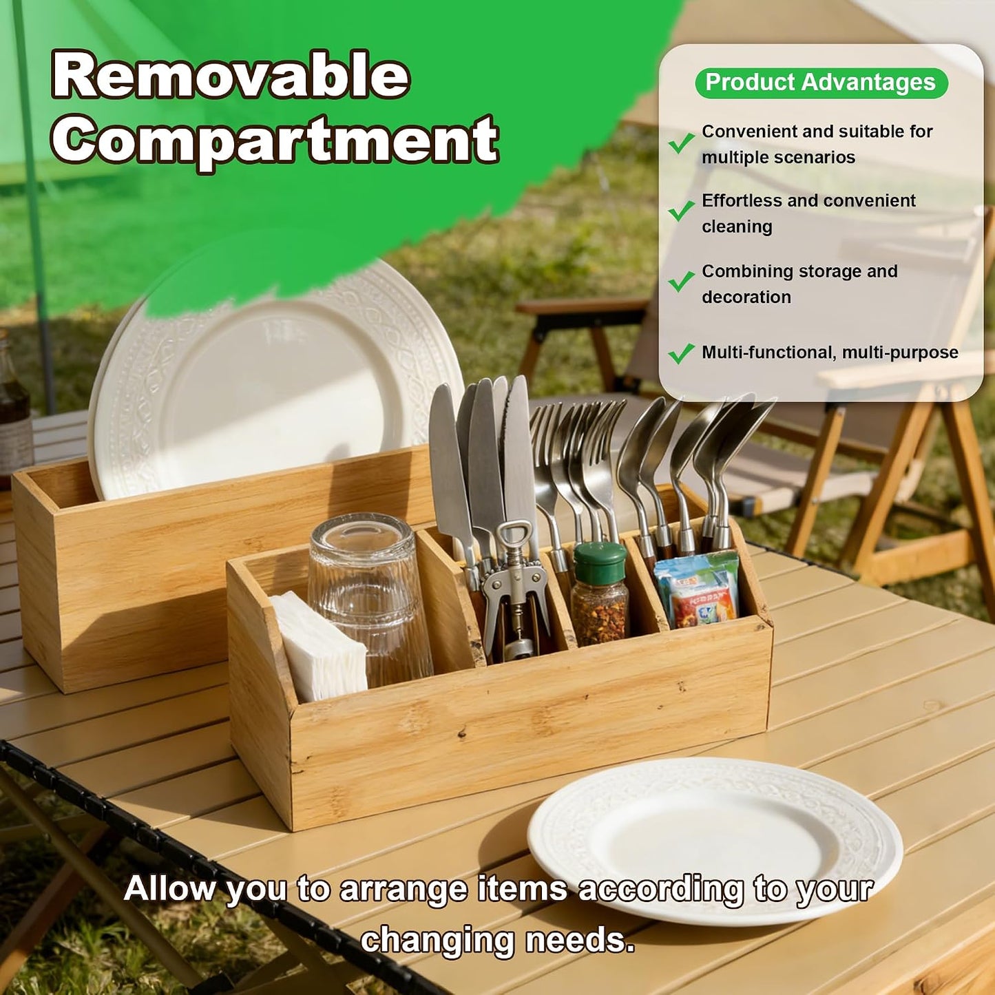 Large Kitchen Utensil Holder Caddy, 6 Compartments Wooden Utensils Organizer for Cooking Utensils, Silverware, Paper Plate, Spoon, Fork, Cutlery Storage on Kitchen Countertop for Party Hosting