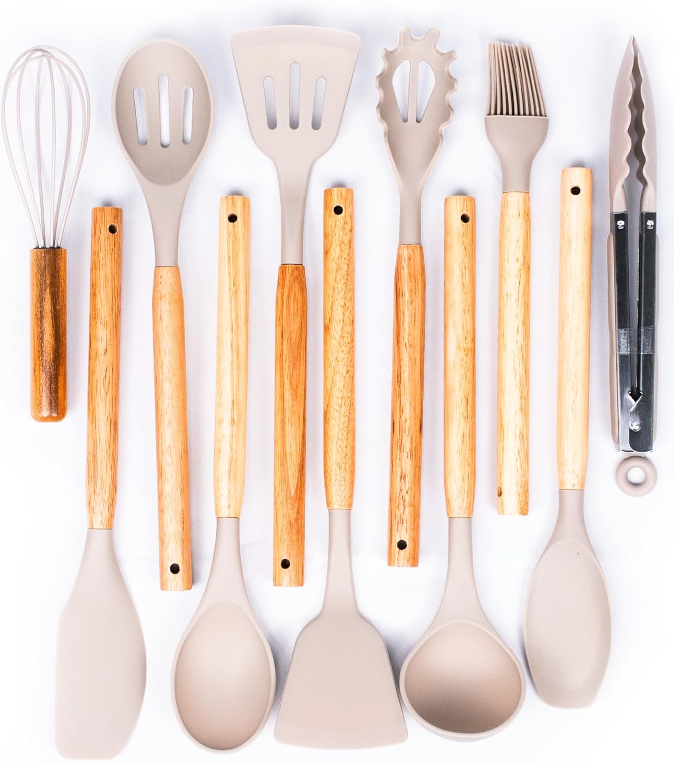 Dusico® Silicone Cooking Utensils Set of 12 Pcs with Wood Handles. Heat Resistant Kitchen Utensils for Nonstick Cookware, BPA Free Silicone Spatula Set & Cooking Spoons, Kitchen Gadgets (Beige)