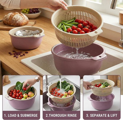 2 in 1 Colander Bowl Set, Detachable Strainer and Serving Bowl Kitchen Fruit Vegetable Washing Drainer for Home Meal Prep and Salad Making (Extra Large 20x9x24cm)