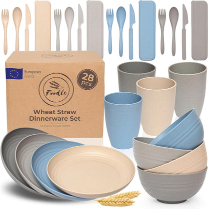 FOODLE Wheat Straw Dinnerware Set - BPA Free & Safety Tested - Microwave & Dishwasher Safe Dishes - Perfect for Camping, Picnic, RV, Dorm - Plates, Cups and Bowls - Great for Kids & Adults - For 4