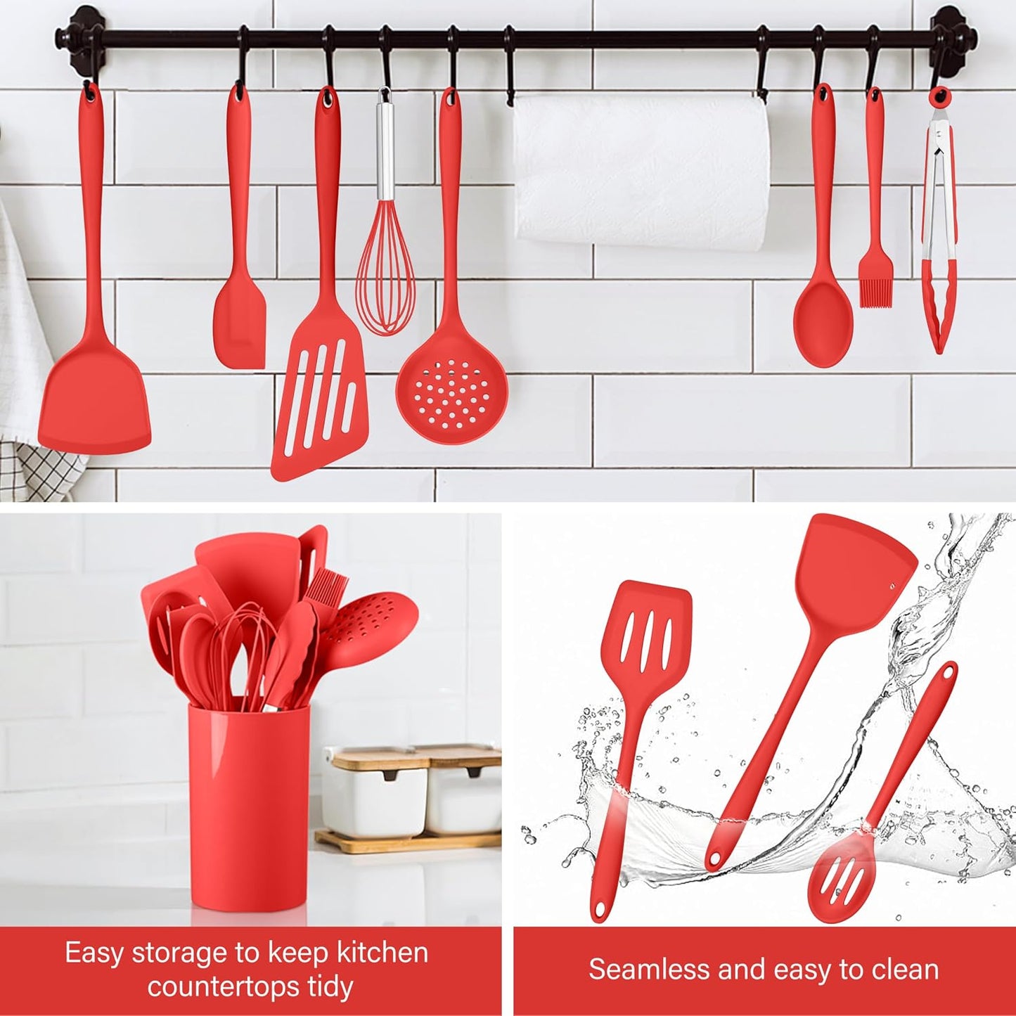 HaWare 11 PCS Silicone Cooking Utensils Set, Heat Resistant Kitchen Utensils with Holder, Food-grade Spatula Sets for Nonstick Cookware, Kitchen Tools Gadgets Include Fish Turner, Spoon (Black)
