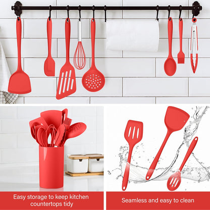 HaWare 11 PCS Silicone Cooking Utensils Set, Heat Resistant Kitchen Utensils with Holder, Food-grade Spatula Sets for Nonstick Cookware, Kitchen Tools Gadgets Include Fish Turner, Spoon (Black)