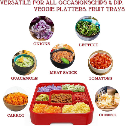Taco Bar Serving Set for a Party - Taco Tuesday Kit of 4 personal Taco Holders, Taco Night for Burritos, Nachos, 7 compartments for Taco Toppings
