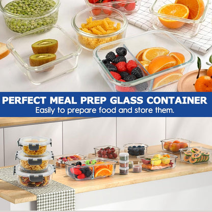 AMALEKO 42pcs Glass Food Storage Containers with Snap Locking Lids Set, Glass Meal Prep Containers (21 Container & 21 Lids),Leak Proof Lunch Containers BPA-Free,Black