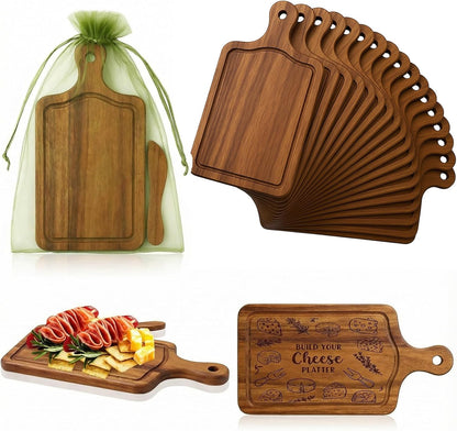 Nuenen 50 Pcs Mini Wooden Charcuterie Board Bulk, Small Wood Cutting Board for Crafts Laser Engraving with Knives Organza Bags Wedding Baby Shower Favors Gift (Square,Bamboo Color)