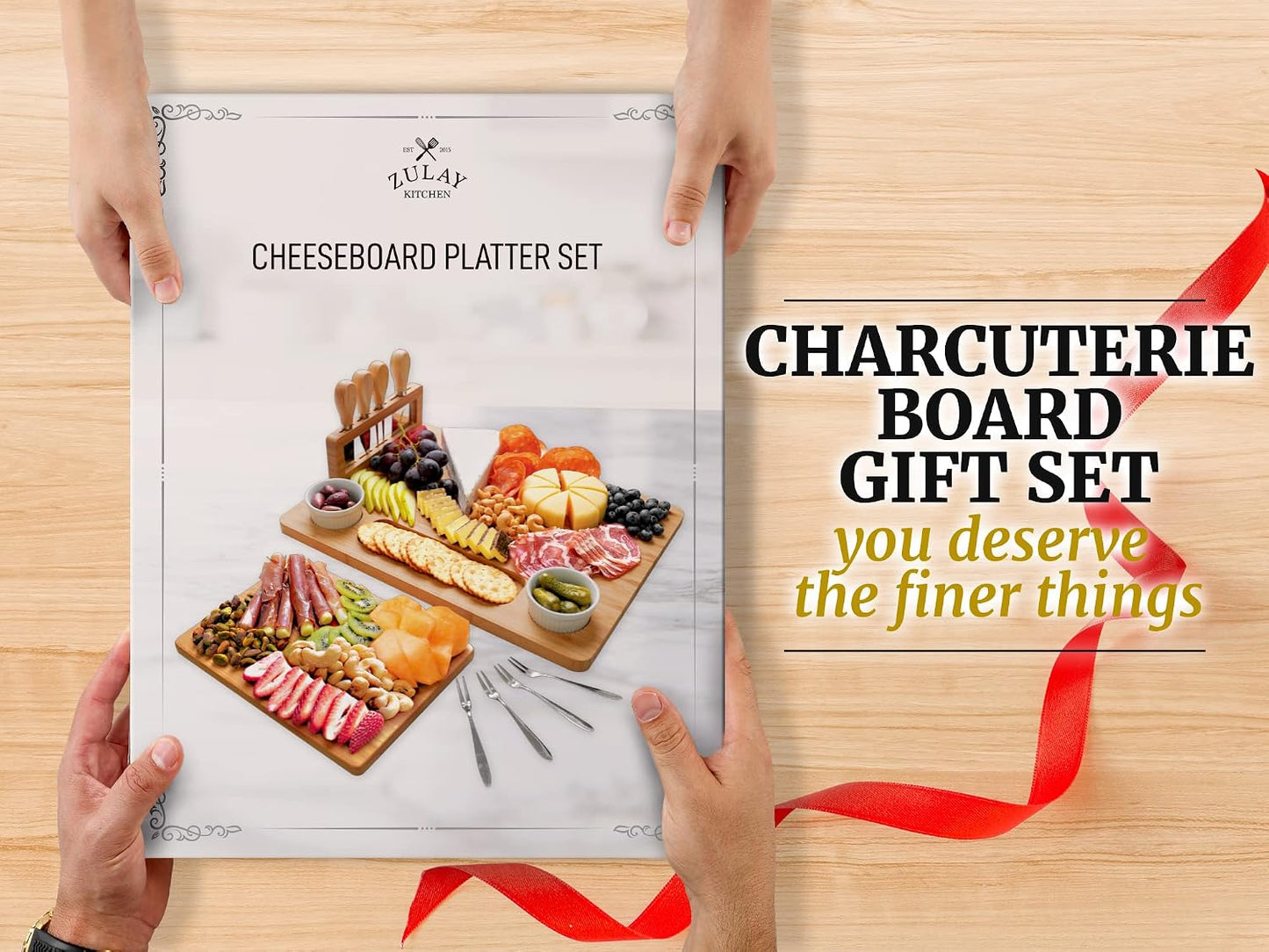 Zulay Kitchen Premium Bamboo Charcuterie Board - Extra Thick Bamboo Board with 4 Piece Knife Set - Perfect for Charcuterie, Wine and Cheese