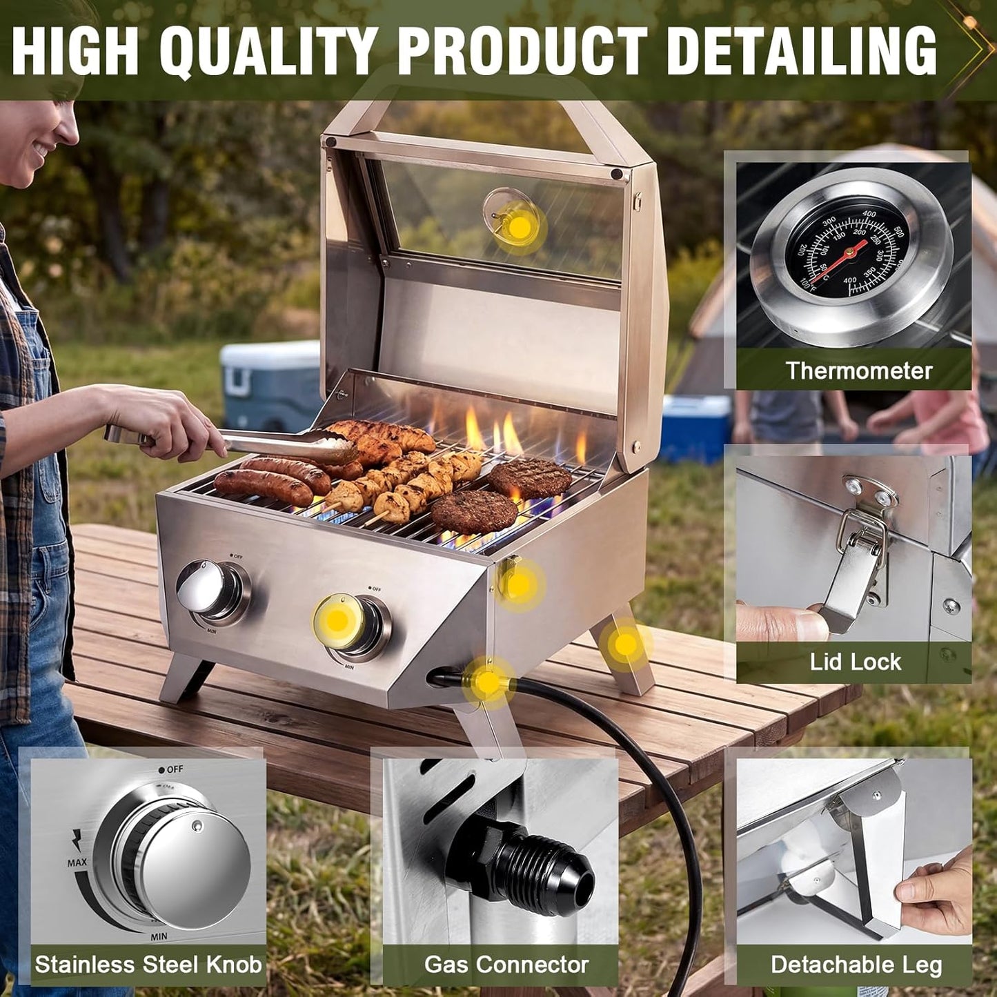 BESTFIRE 2-Burner Tabletop Propane Grill with Foldable Grill Cart, Portable Gas BBQ Station with Wheels & Prep Table, Dual-Fuel Setup for 1lb & 20lb Tanks, Stainless Steel Outdoor Kitchen for Camping