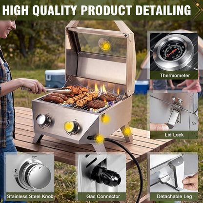 BESTFIRE 2-Burner Tabletop Propane Grill with Foldable Grill Cart, Portable Gas BBQ Station with Wheels & Prep Table, Dual-Fuel Setup for 1lb & 20lb Tanks, Stainless Steel Outdoor Kitchen for Camping