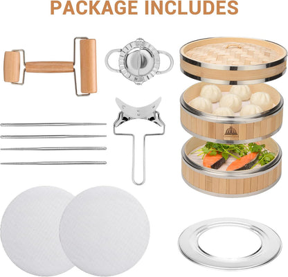 2 Tier Bamboo Steamer | Bamboo Steamer Basket with Reusable Silicone Liner | Food Dim Sum Kit for Cooking Baby Bao Bun, Rice, Vegetable, Fish and Meat
