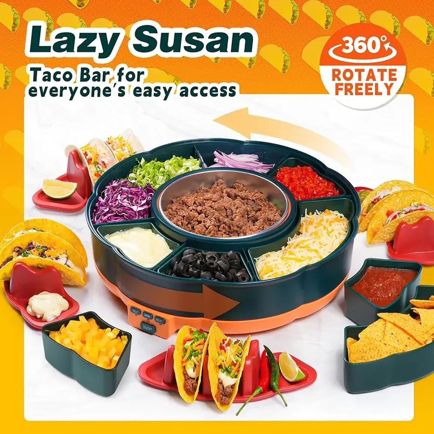 Taco Tuesday Kit, 33Oz Heated Pot Taco Bar Serving Set for A Party with 4 Taco Holders, & Detachable Lazy Susan Tray Unique Couple & Housewarming Gift Set Ideas