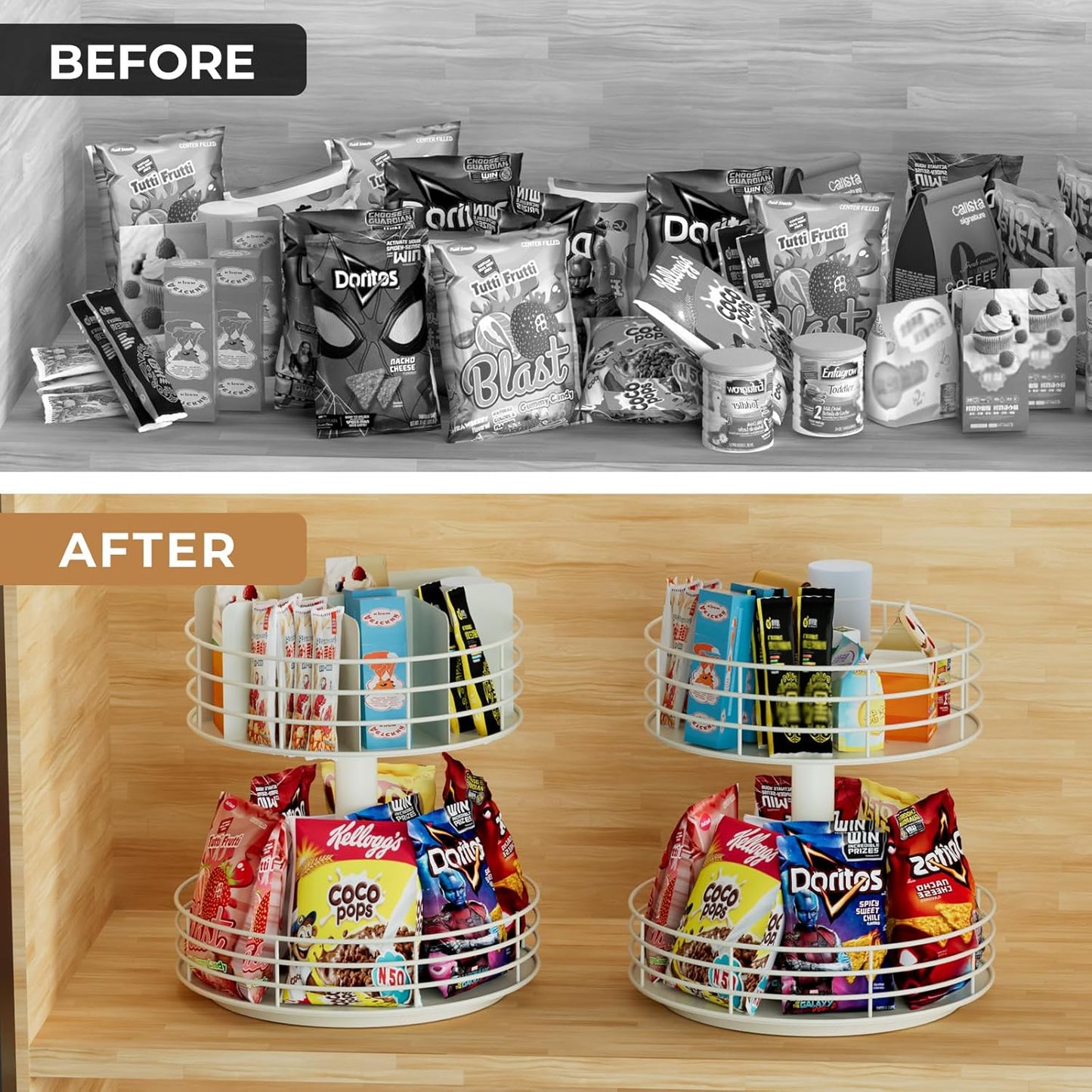 Snack Organizer - Versatile Snack Storage 2 Tier Lazy Susan with Convenient Grab-and-Go Design, Metal Snack Holder for Home, Office, Breakroom, 11.85" L x 11.85" W x 13.3" H (Matte Black)