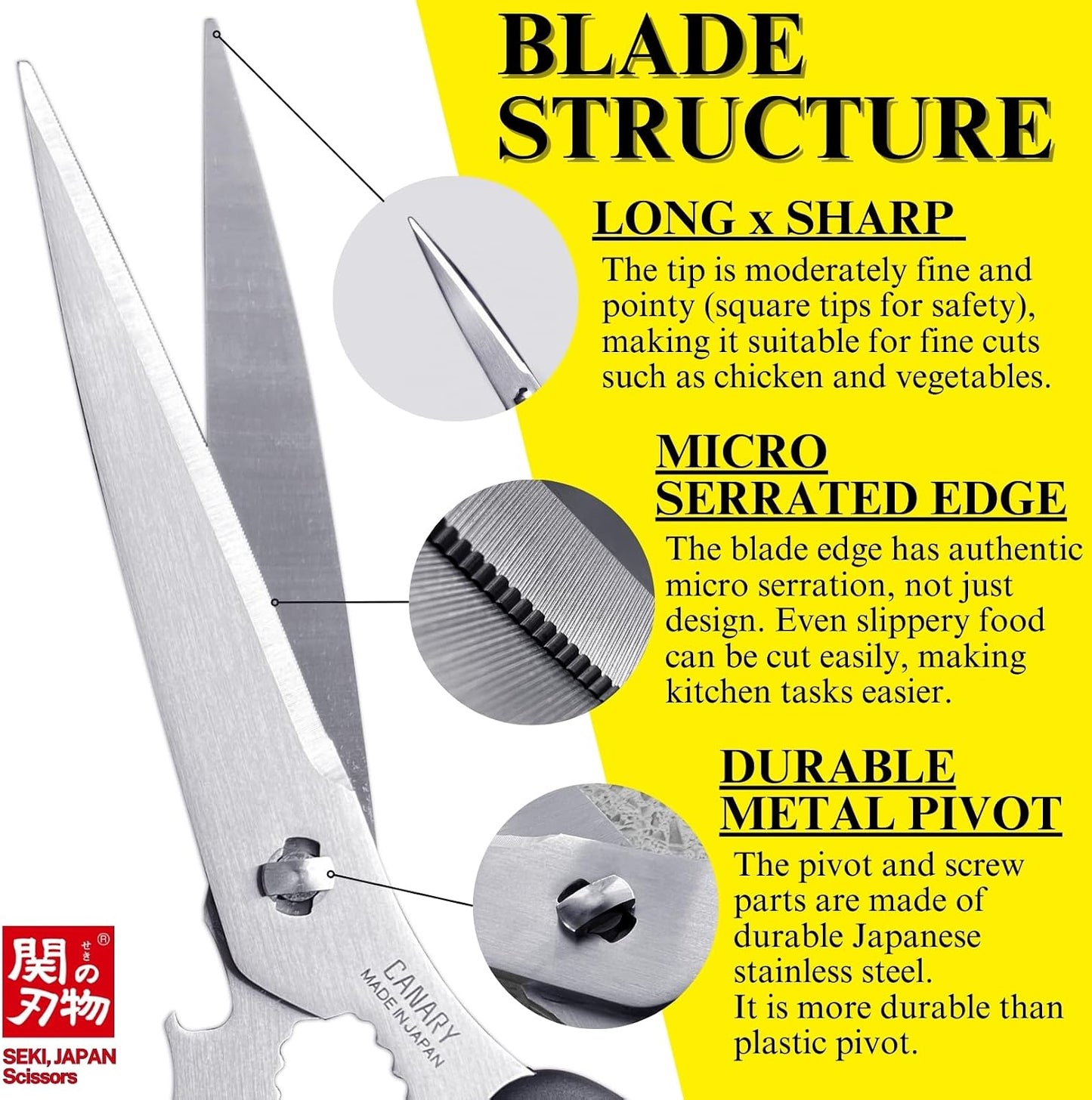 CANARY Japanese Kitchen Scissors Heavy Duty 8.2", Made in JAPAN, Dishwasher Safe Come Apart Blade, Multipurpose Kitchen Scissors, Sharp Serrated Japanese Stainless Steel, Black