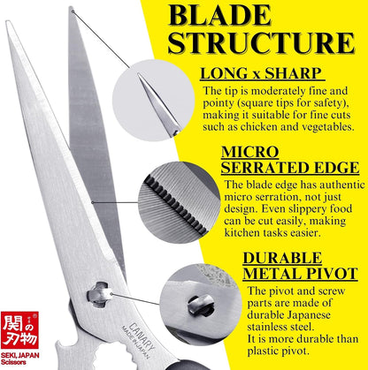 CANARY Japanese Kitchen Scissors Heavy Duty 8.2", Made in JAPAN, Dishwasher Safe Come Apart Blade, Multipurpose Kitchen Scissors, Sharp Serrated Japanese Stainless Steel, Black