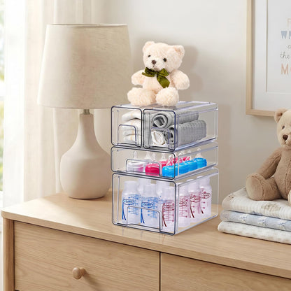 Sorbus Clear Stackable Storage Drawers, 4-Piece Set 1 Large, 1 Medium & 2 Small Pull-Out Plastic Organizer Bins with Handles for Bathroom, Closet, Pantry, Cabinet & Medicine Storage