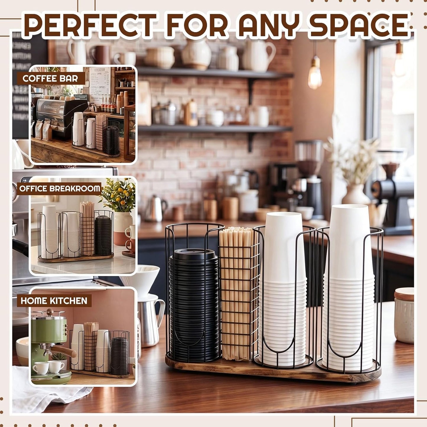 Geelin 18oz Adjustable Coffee Cup Dispenser with Wooden Base, Cup and Lid Holder, Cups Holder Organizer for Coffee Pod Straw and Lid Storage(2-compartment Single,Color 2)