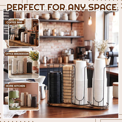 Geelin 18oz Adjustable Coffee Cup Dispenser with Wooden Base, Cup and Lid Holder, Cups Holder Organizer for Coffee Pod Straw and Lid Storage(2-compartment Single,Color 2)
