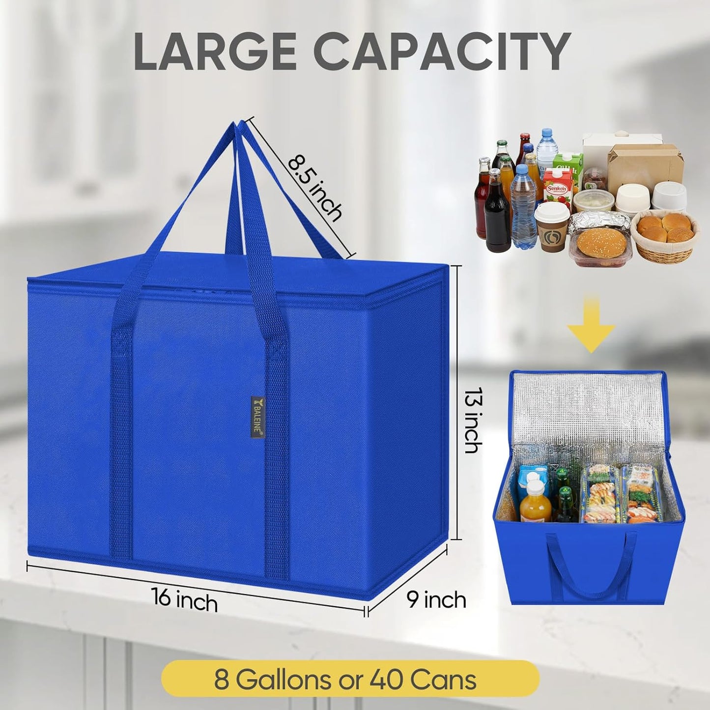 BALEINE 2Pk Insulated Reusable Grocery Bags, Collapsible Cooler Bag for Groceries, Heavy Duty Large Insulated Bag (16''x9''x13'', Antique Foliage)