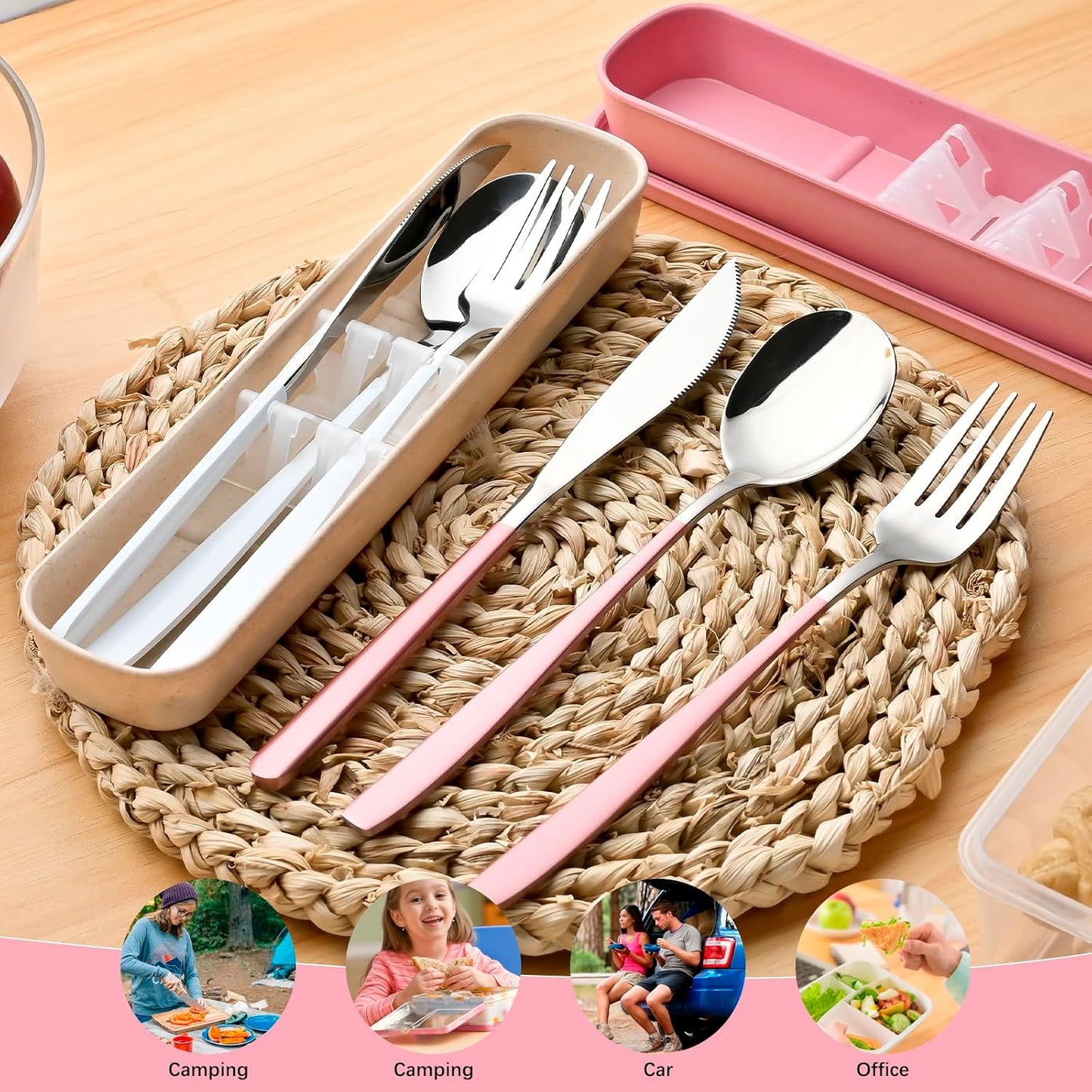Travel Utensils with Case, 2 Sets Reusable Utensils Set with Case, Camping Utensil Set, Portable Silverware Lunch Utensils Set for Work Camping School(Beige, Pink)