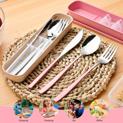 Travel Utensils with Case, 2 Sets Reusable Utensils Set with Case, Camping Utensil Set, Portable Silverware Lunch Utensils Set for Work Camping School(Beige, Pink)