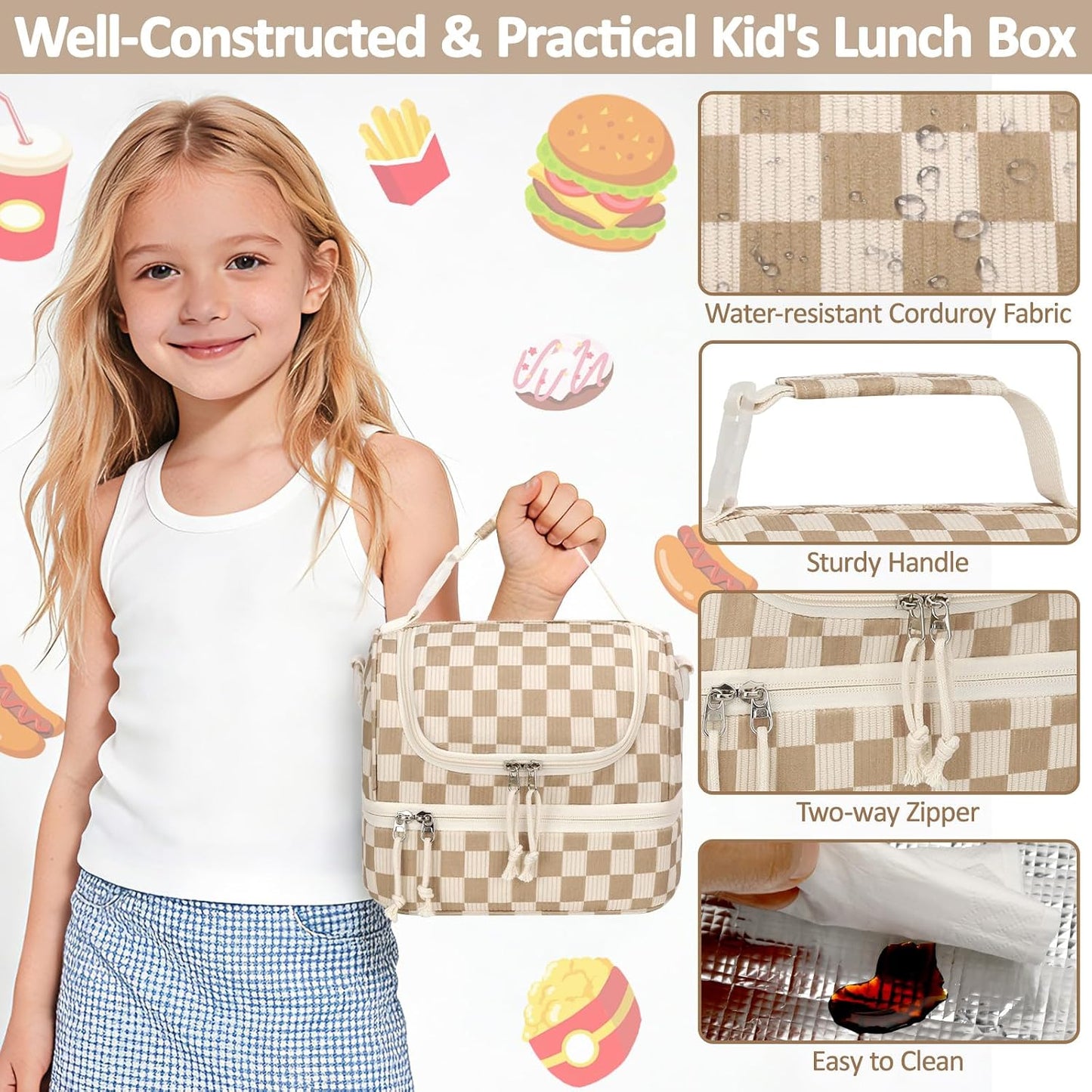 Vankor Corduroy Lunch Box Kids Insulated Lunch Bag Double Decker, Cute Leak-Proof Lunch Box for Boys Girls, Portable Cooler Lunch Bag Thermal Lunch Tote for School Picnic Travel, Light Blue