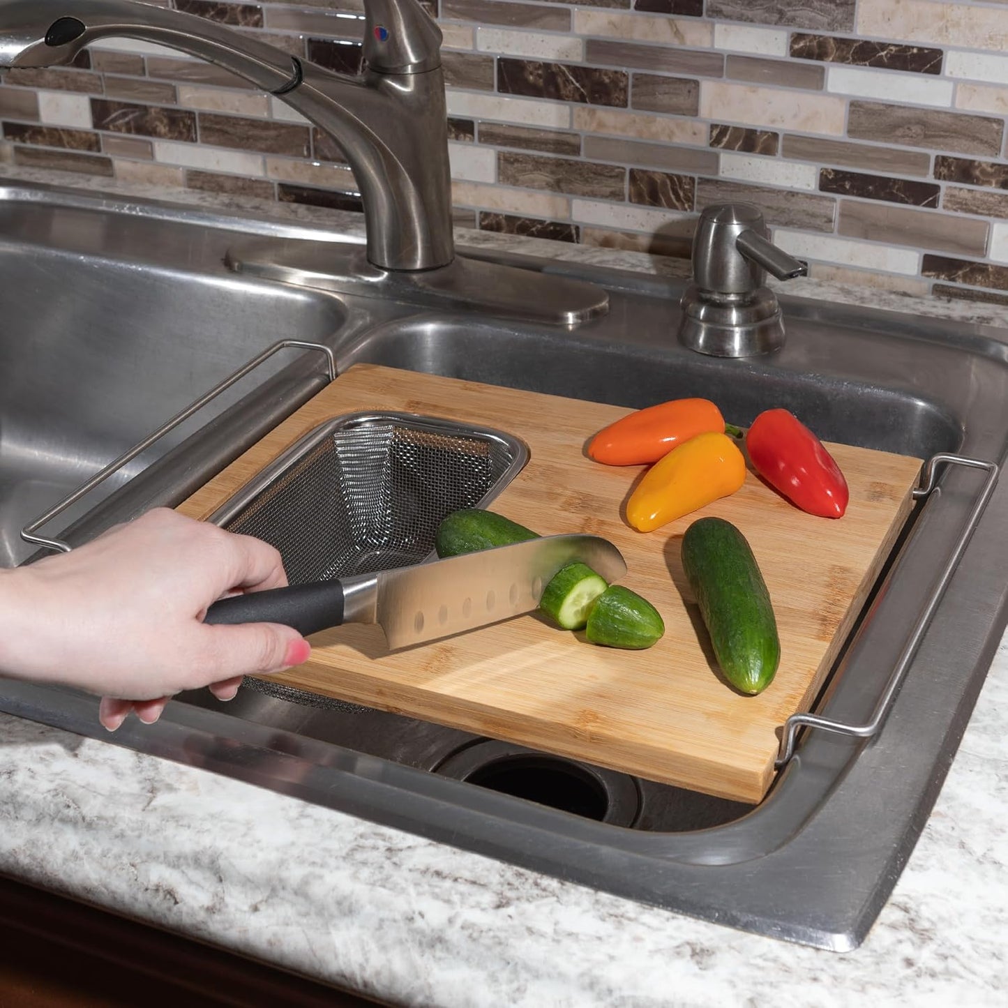Classic Cuisine 2 in 1 Cutting Board with Strainer, Natural, 13.2” x 11.5”
