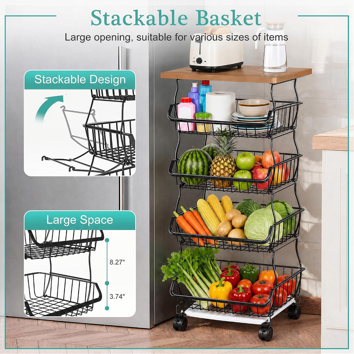 VECELO 4-Tier Fruit Basket with Wheels, Fruit and Vegetable Storage Cart for Kithchen, Stackable Produce Organizer Wire Baskets for Kitchen, Pantry, Living Room