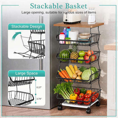 VECELO 4-Tier Fruit Basket with Wheels, Fruit and Vegetable Storage Cart for Kithchen, Stackable Produce Organizer Wire Baskets for Kitchen, Pantry, Living Room