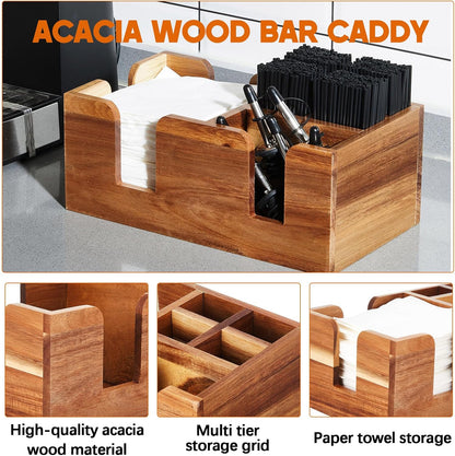 Mifoci Wooden Bar Caddy with 6 Compartments, Acacia Wood Bar Caddy Napkin & Straw Holder Organizer Cocktail Napkin Holder Condiments for Home Office Kitchen Countertop (Brown, 10.6 L x 5.5 W)