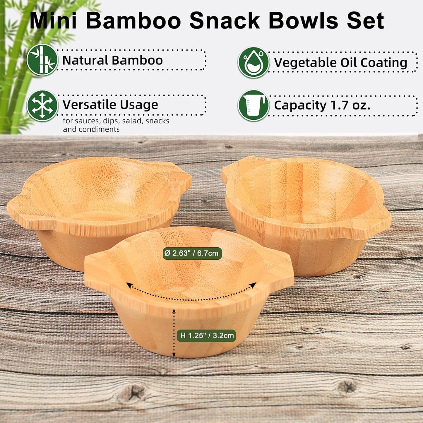 Dipping Bowls Set, Small Bamboo Pinch Bowls for Soy Sauce/Condiment/Snacks, Mini Serving Bowls for Charcuterie Board for BBQ/Entertaining, 1.4 oz Bamboo Wooden Ramekins