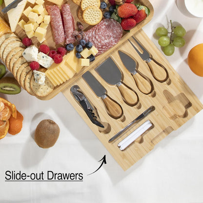 Personalized Charcuterie Board Gift Set, Custom Engraved Large Bamboo Cheese Board with Double-Sided Design, Knife Drawer, Ceramic Bowls & Cheese Knives, Wedding, Anniversary & Housewarming Gift