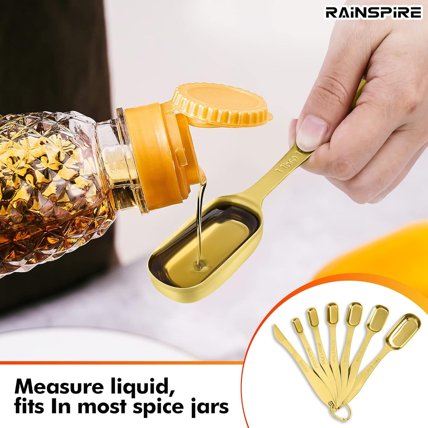 Rainspire Heavy Duty Measuring Spoons Set Stainless Steel, Metal Measuring Cups and Spoons Set for Dry or Liquid, Fits in Spice Jar, Home Gadgets Kitchen Gadgets, Set of 7 Including Leveler