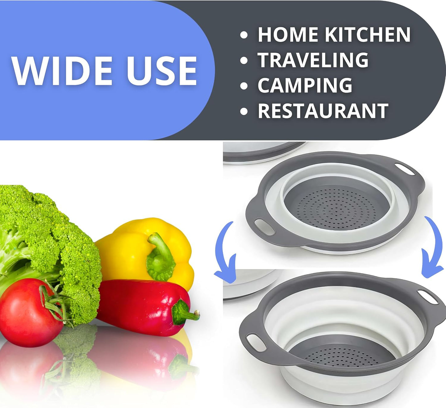 3PCS Green Foldable Kitchen Strainer Set – Silicone Colander Collapsible Strainers and Colanders Green Collander for Kitchen Collapsible Compact Drain Tools for Cooking Prep