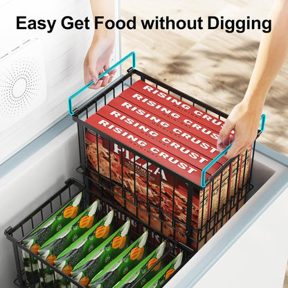 iSPECLE Deep Freezer Organizer Bins - Height-Adjustable Fit 12" Pizza, 2Pcs | Extra Large, Stackable For 5 to 7 Cu. Ft Chest Freezers, Easily Sort and Get Frozen Foods with Handles, No Digging, Black