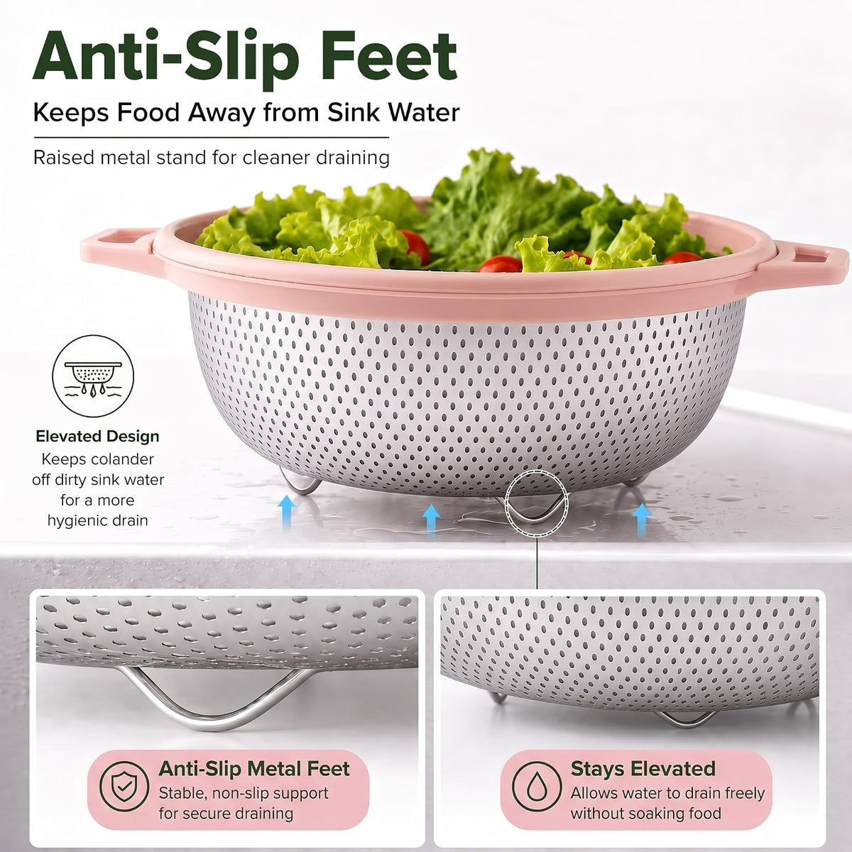 HiramWare Stainless Steel Colander with Handle and Legs, 5 Qt, Green