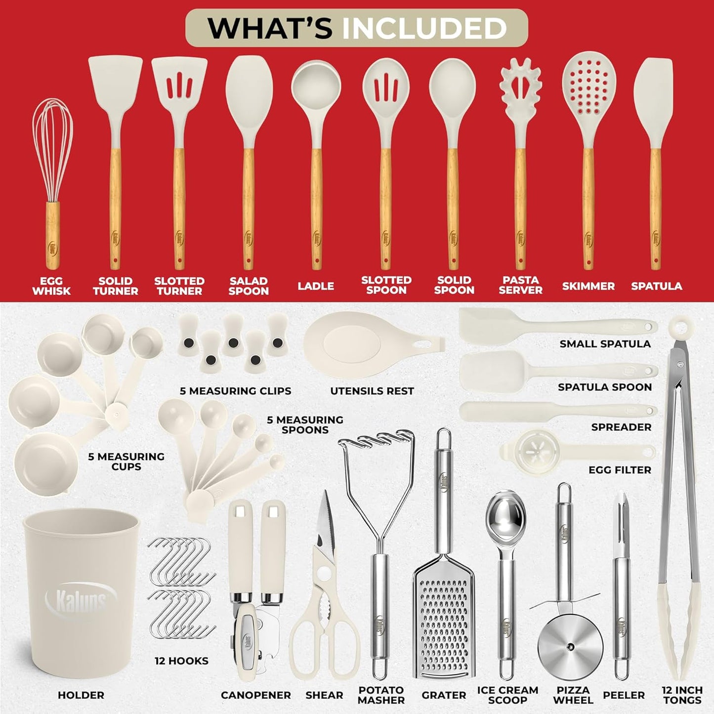 Kaluns 50 PCS Silicone Kitchen Utensils Set Complete Kitchen Set - 800°F Heat Resistant Non-Stick Premium Silicone Cooking Utensils W Wooden Handles - Can Opener, Masher, Turner, Silicone Spatula Set