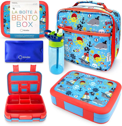 Kinsho Bento Lunch Box for Kids Toddlers, 5 Portion Control Sections, BPA Free Removable Plastic Tray, Pre-School Kid Toddler Daycare Lunches, Snack Container Ages 3 to 7 (Blue Space Rockets)