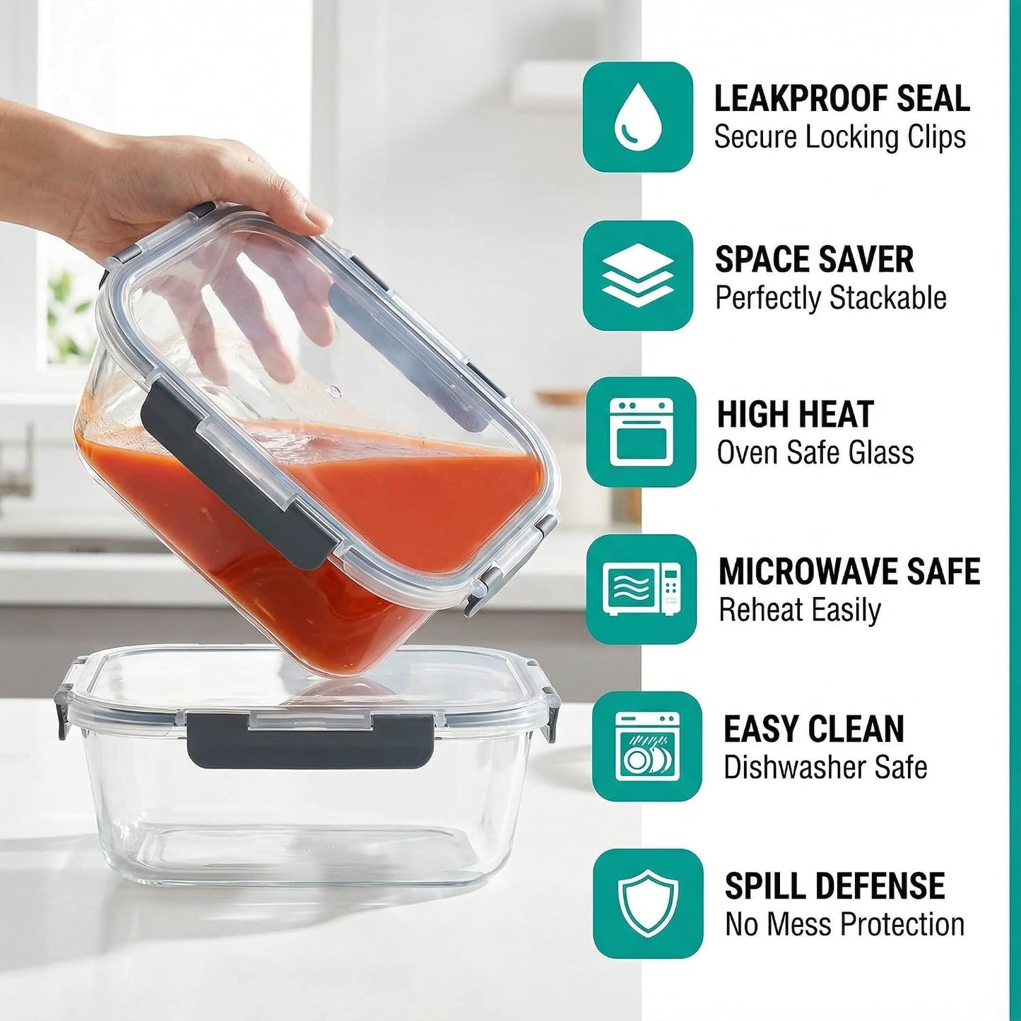 5 Pack 36oz Borosilicate Glass Food Storage Containers Set with Lids, Freezer Meal Prep Containers, Airtight Bento Lunch Container Set, Oven, Freezer and Dishwasher Safe, BPA Free, Kitchen Storage Set