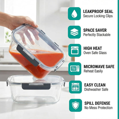 5 Pack 36oz Borosilicate Glass Food Storage Containers Set with Lids, Freezer Meal Prep Containers, Airtight Bento Lunch Container Set, Oven, Freezer and Dishwasher Safe, BPA Free, Kitchen Storage Set