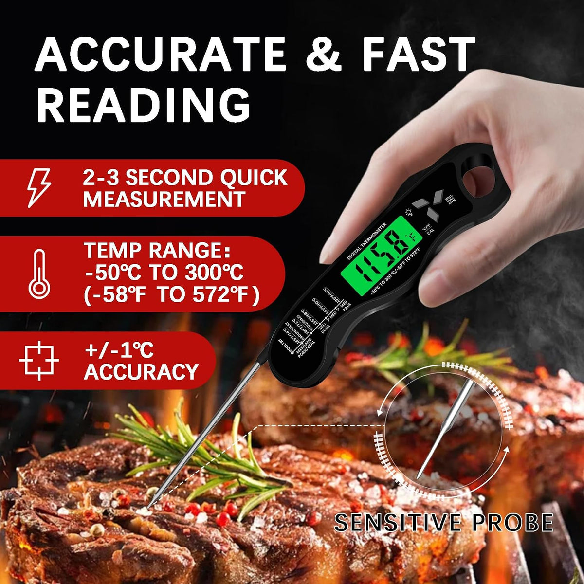 Cooking Thermometer，IP67 Waterproof Meat Thermometer Digital