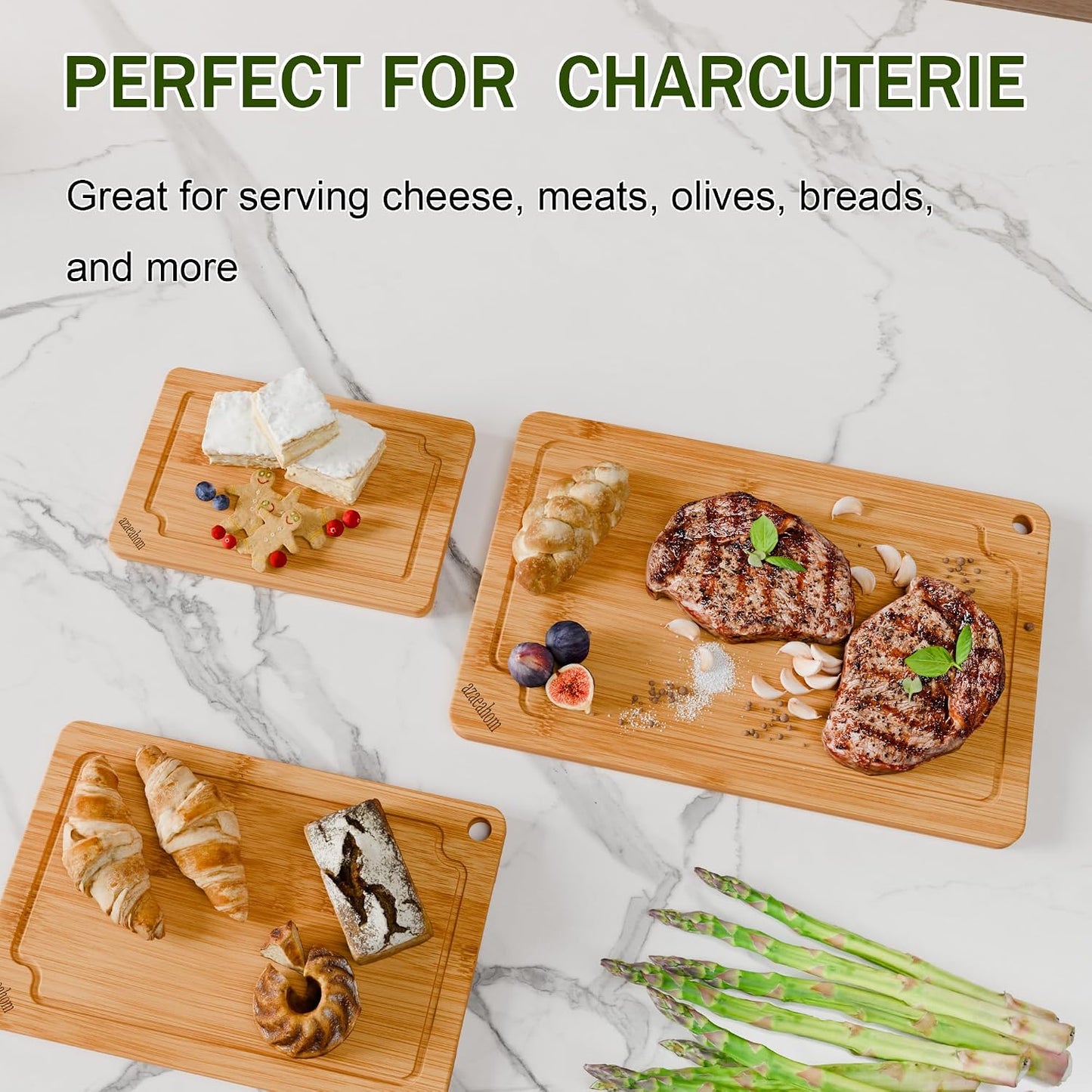 Bamboo Cutting Boards for Kitchen, Wood Cutting Board Set with Juice Grooves & Built-in Handles, Large Medium Small Chopping Board for Meat, Vegetables, Fruit