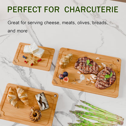 Bamboo Cutting Boards for Kitchen, Wood Cutting Board Set with Juice Grooves & Built-in Handles, Large Medium Small Chopping Board for Meat, Vegetables, Fruit
